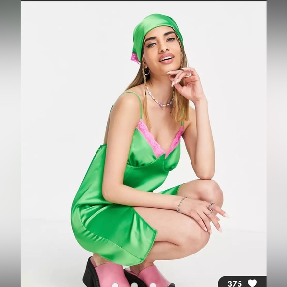 ASOS Y2K COLLUSION satin slip dress & headscarf with lace trim in green - Picture 4 of 4
